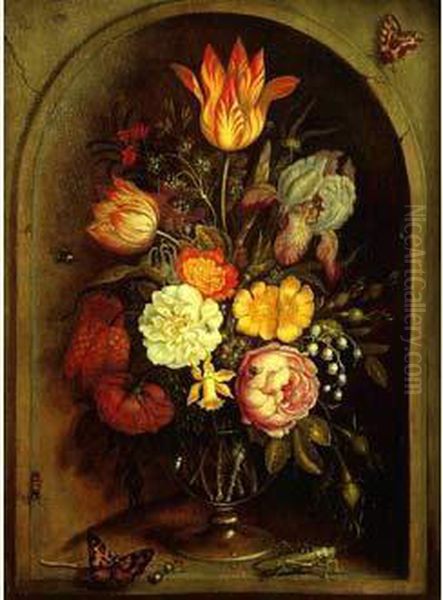 Nature Morte Au Vase De Fleurs Et Insectes Dans Une Niche Oil Painting by Johannes Bosschaert