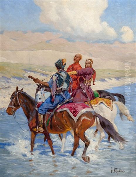 Tscherkessen Zu Pferd Uberqueren Einen Fluss Oil Painting by Franz Roubaud