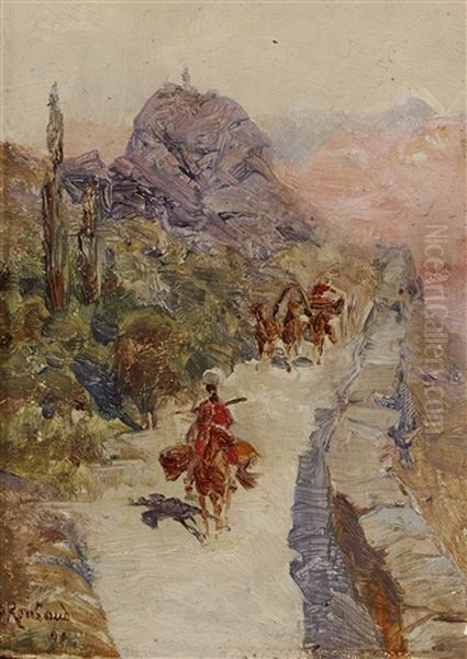 Mountain Road In The Caucasus Oil Painting by Franz Roubaud