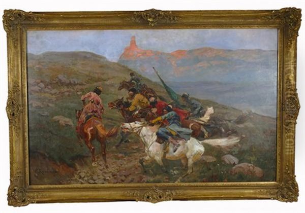 Attack Of Circassians Oil Painting by Franz Roubaud