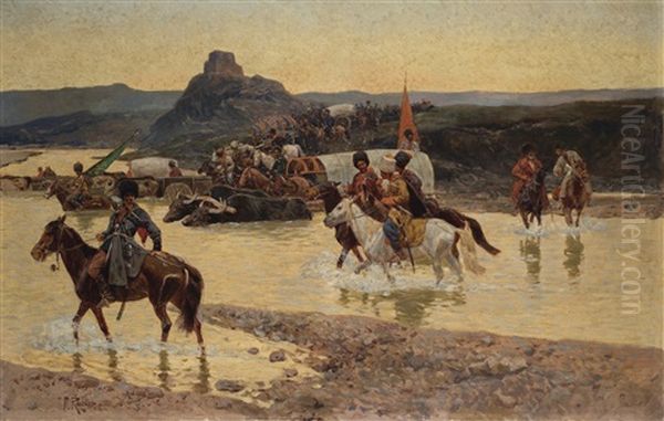 Circassians Fording A River Oil Painting by Franz Roubaud