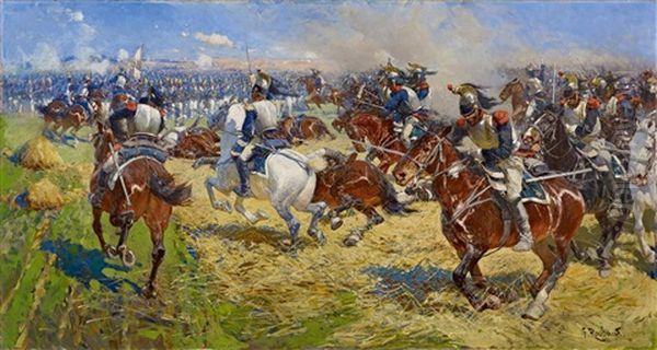 Franzosische Kurassiere Attackieren Grenadiere Des Russischen Paul-regiments Wahrend Der<br/>schlacht Bei Polozk Oil Painting by Franz Roubaud