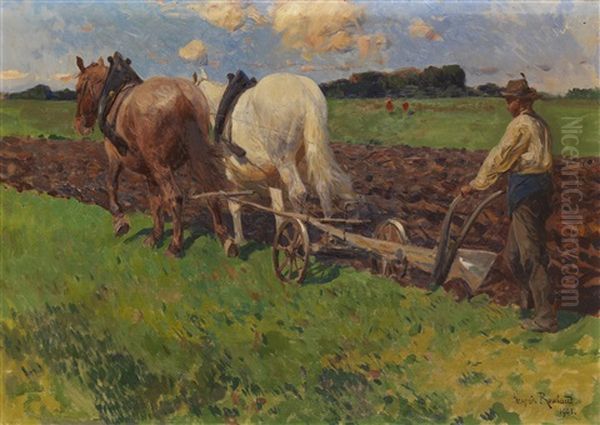 Pflugender Bauer Im Chiemgau Oil Painting by Franz Roubaud