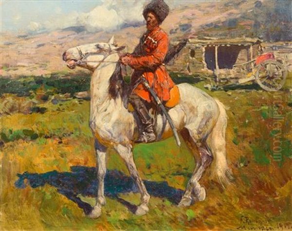 Russian Soldier On Horseback Oil Painting by Franz Roubaud