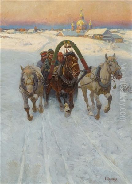 Horse-drawn Sleigh In The Snow Oil Painting by Franz Roubaud