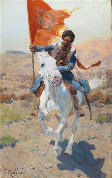 A Rider With A Red Flag Oil Painting by Franz Roubaud