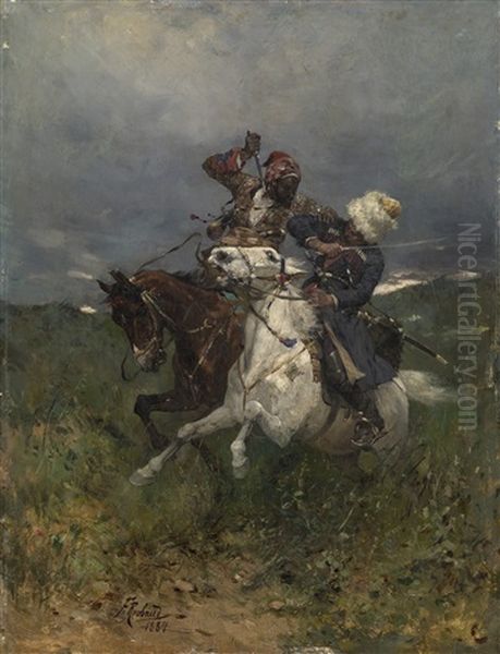 Two Horsemen Fighting Oil Painting by Franz Roubaud