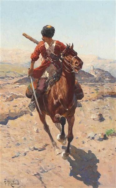 A Cossack Galloping On Horseback Oil Painting by Franz Roubaud