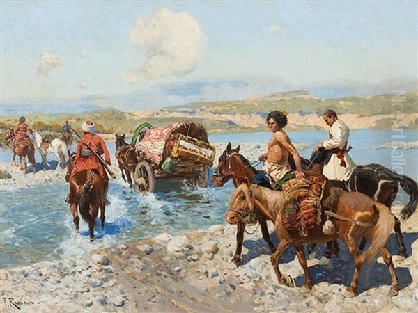 Circassian Horsemen Fording A River Oil Painting by Franz Roubaud