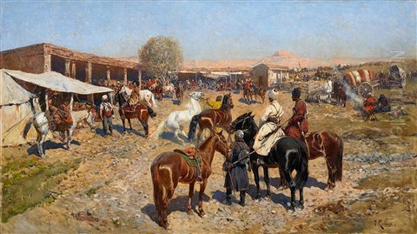 Pferdemarkt Oil Painting by Franz Roubaud