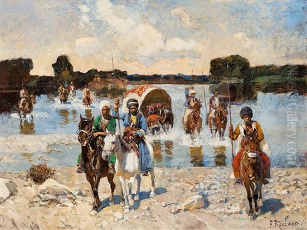 Circassian Horsemen Fording A River Oil Painting by Franz Roubaud