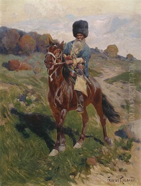 Kosake Zu Pferd In Berglandschaft Oil Painting by Franz Roubaud