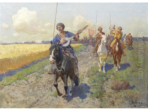 Riding Cossacks Oil Painting by Franz Roubaud