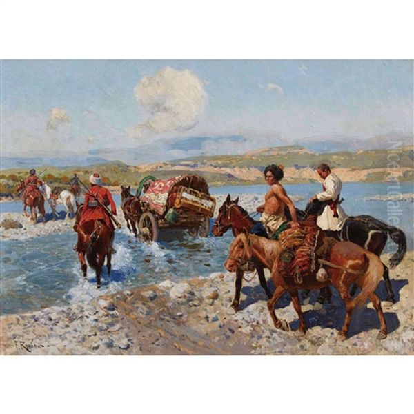 Tscherkessische Reiter Bei Der Durchquerung Einer Furt Oil Painting by Franz Roubaud