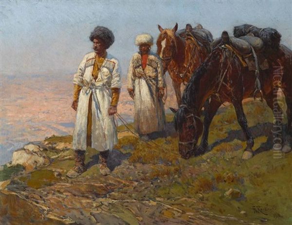 Zwei Tscherkessen Bei Ihren Pferden Auf Einer Anhohe Im Kaukasus Oil Painting by Franz Roubaud