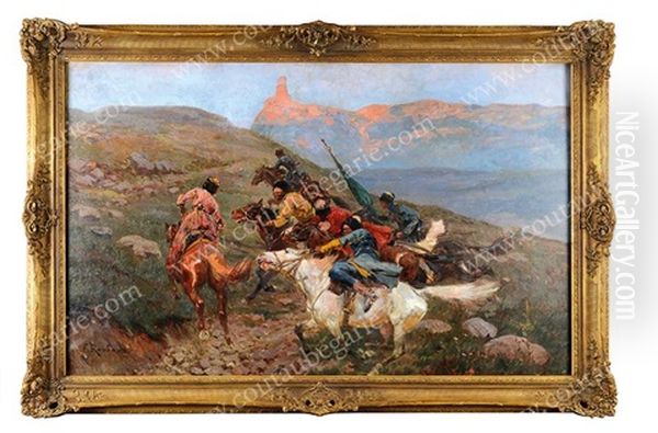 Soldats Tcherkesses Au Galop Oil Painting by Franz Roubaud