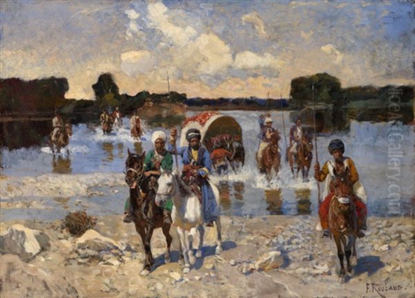 Circassian Horsemen Fording A River Oil Painting by Franz Roubaud