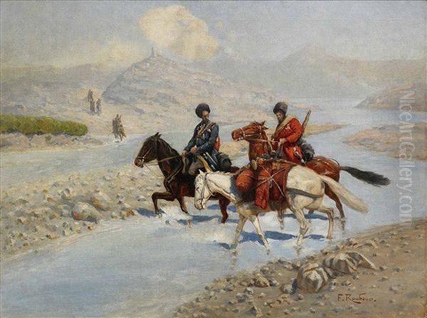 Two Horsemen Oil Painting by Franz Roubaud