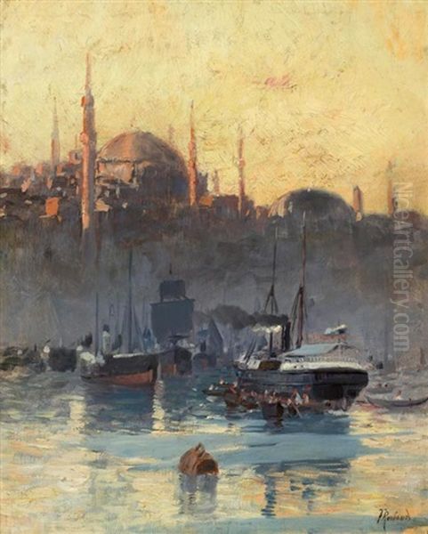 Hafen Von Istanbul Mit Blick Auf Die Suleymaniye-moschee Oil Painting by Franz Roubaud