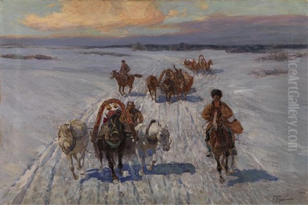 Peasants On Troikas In Winter by Franz Roubaud