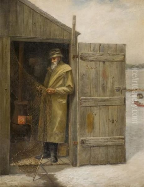 Winter Scene Of A Fisherman In A Wooden Shed Oil Painting by Henry Bosse