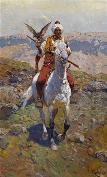 Caucasian Horseman With A Falcon Oil Painting by Franz Roubaud