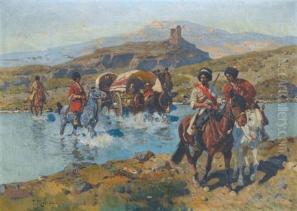 Cossacks Crossing A Ford Oil Painting by Franz Roubaud