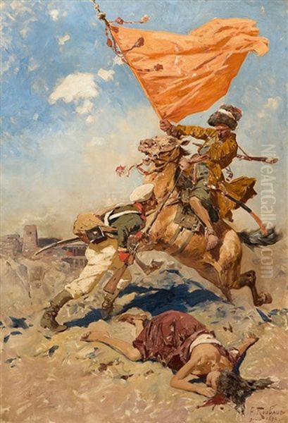 Kaukasischer Reiter Im Kampf Mit Russischem Soldaten Oil Painting by Franz Roubaud