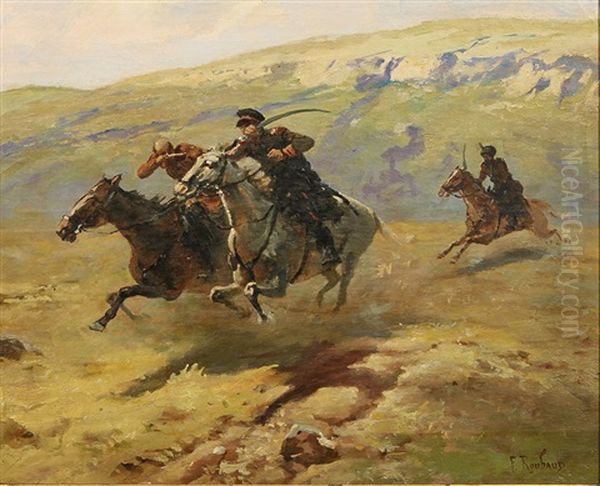 Cossacks Chasing A Soldier On Horseback Oil Painting by Franz Roubaud