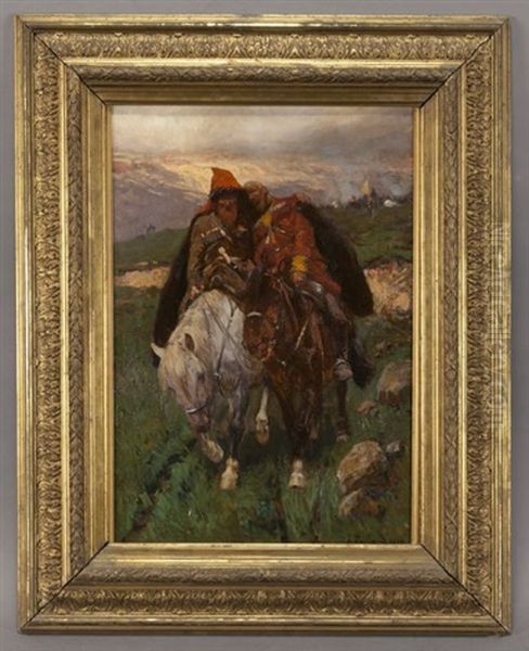 Two Soldiers' Retreat Oil Painting by Franz Roubaud