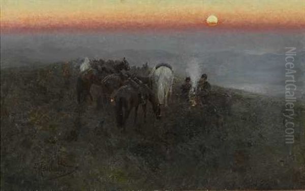 Kosakenlager Bei Untergehender Sonne Oil Painting by Franz Roubaud