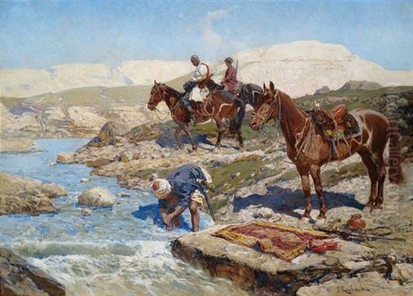 Tscherkessische Reiter An Einem Fluss Oil Painting by Franz Roubaud