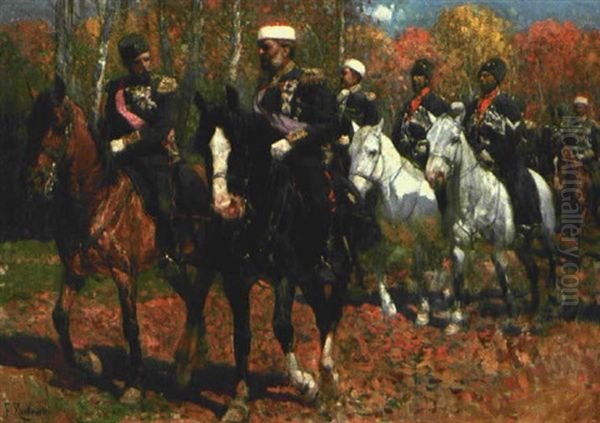 Zar Nikolaus Ii Und Grosfurst Nikolai Nikolajewitsch Romanow Bei Einem Ausritt Mit Gefolge Oil Painting by Franz Roubaud