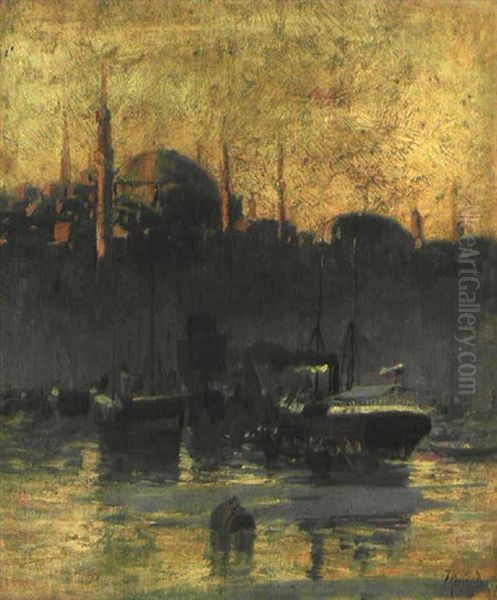 Blick Auf Den Hafen Von Istanbul Mit Der Suleymaniye-moschee by Franz Roubaud