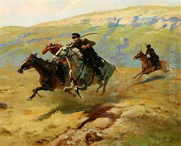 Landscape With Riding Cossacks Oil Painting by Franz Roubaud