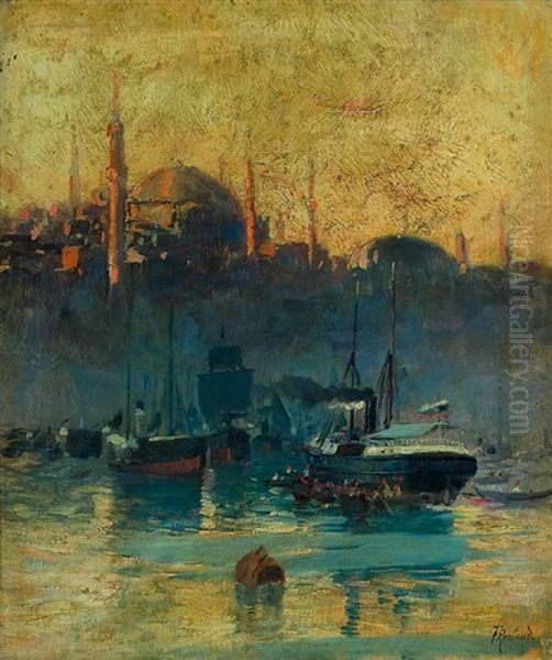 Blick Auf Den Hafen Von Istanbul Mit Der Suleymaniye-moschee Oil Painting by Franz Roubaud