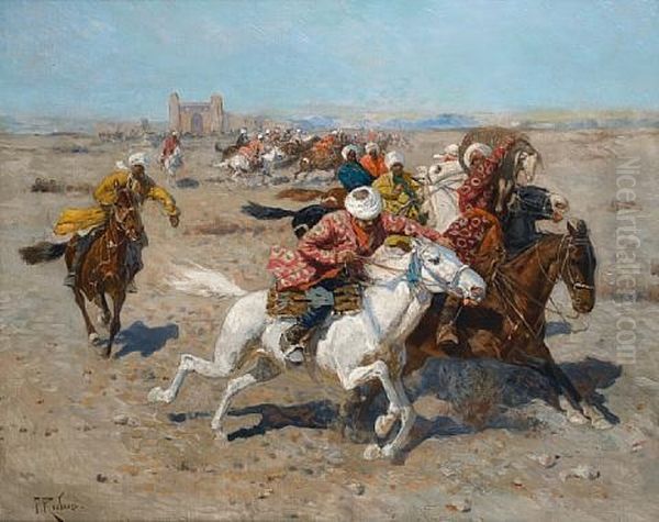 Playing Kokpar Oil Painting by Franz Roubaud