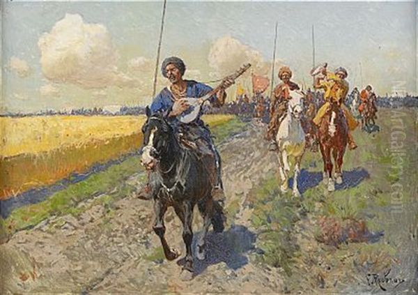 Riding Cossacks Oil Painting by Franz Roubaud