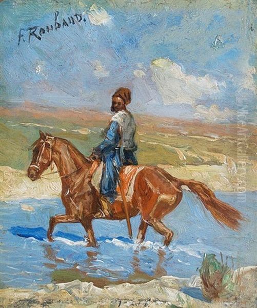 Tscherkesse Zu Pferd Den Fluss Kuban Durchquerend Oil Painting by Franz Roubaud