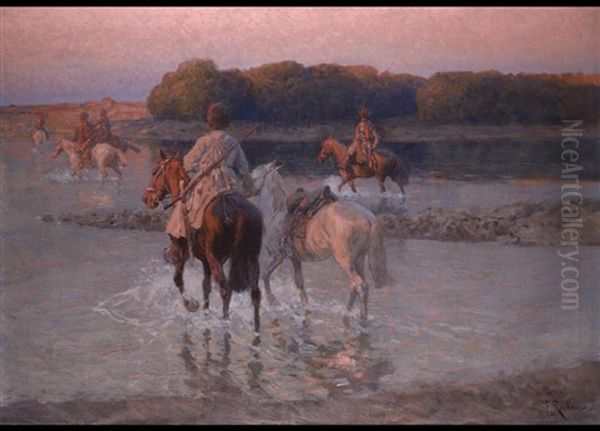 Tscherkessen Bei Der Uberquerung Eines Flusses Oil Painting by Franz Roubaud