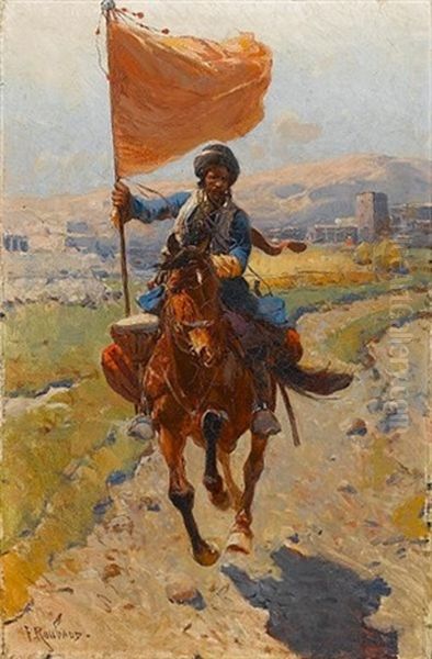 Kirghyz Horseman With A Red Flag Oil Painting by Franz Roubaud