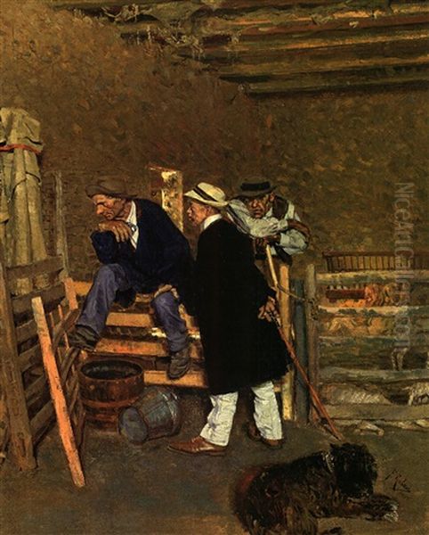 Russischer Gutsherr Und Zwei Landarbeiter Im Schafstall Oil Painting by Franz Roubaud