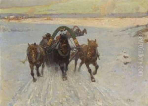 Schlittenfahrt In Russischer Winterlandschaft Oil Painting by Franz Roubaud