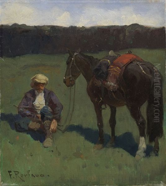 A Horseman Resting Next To His Steed Oil Painting by Franz Roubaud