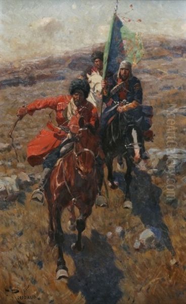 Drei Tscherkessen-reiter Im Galopp Vor Steppenlandschaft, Der Eine Das Banner Tragend Oil Painting by Franz Roubaud