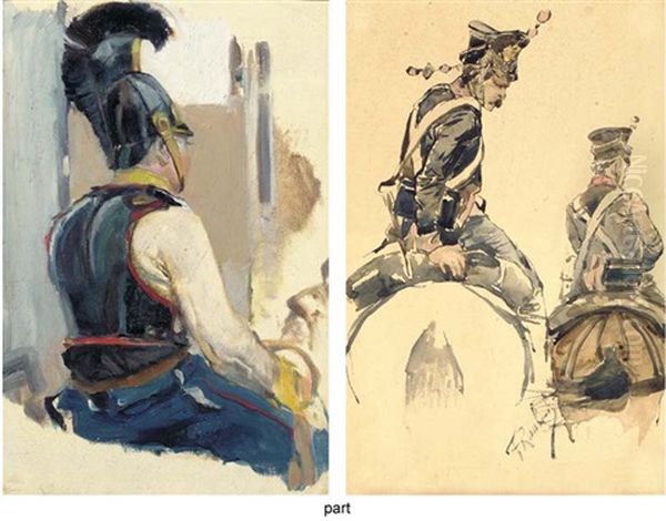 A Russian Cuirassier (+ Two Cavalry Officers, Ink And Watercolor On Card, Smaller; 2 Studies) Oil Painting by Franz Roubaud