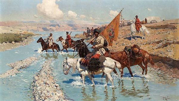 Landskap Med Kosacker Ridandes Over A Oil Painting by Franz Roubaud