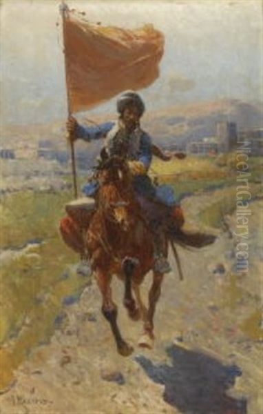 Reitender Bannertrager Oil Painting by Franz Roubaud