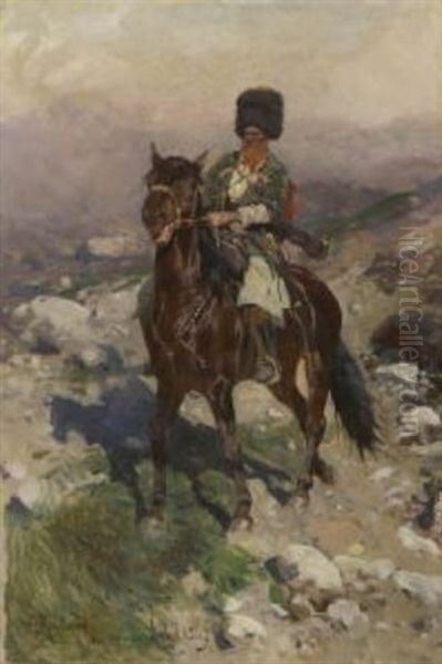 Kosake Zu Pferd In Gebirgslandschaft Oil Painting by Franz Roubaud