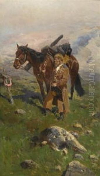 Kosake Mit Pferd In Andacht An Einem Grabkreuz Oil Painting by Franz Roubaud